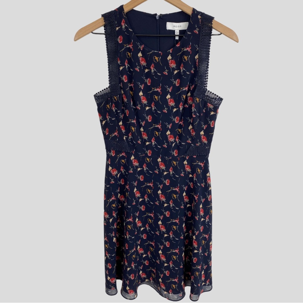 Reiss Navy Louise Floral Print Mesh Trim Dress NWT - Picture 9 of 9